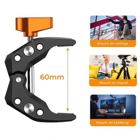 K&F Concept KF31.081 MS15 - uniwersalny, wielofunkcyjny zacisk Super Clamp - rozstaw i przykłady zastosowania
